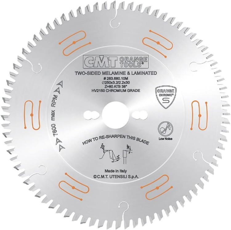 CMT Piła do płyty laminowanej i MDF 250x30x80Z / praca bez podcinaka / Chromowana