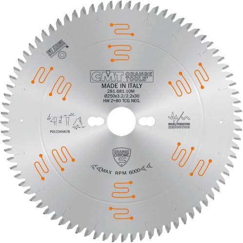 CMT Piła HM do płyty wiórowej / MDF 250x30x80Z / -3° Negatyw CHROME