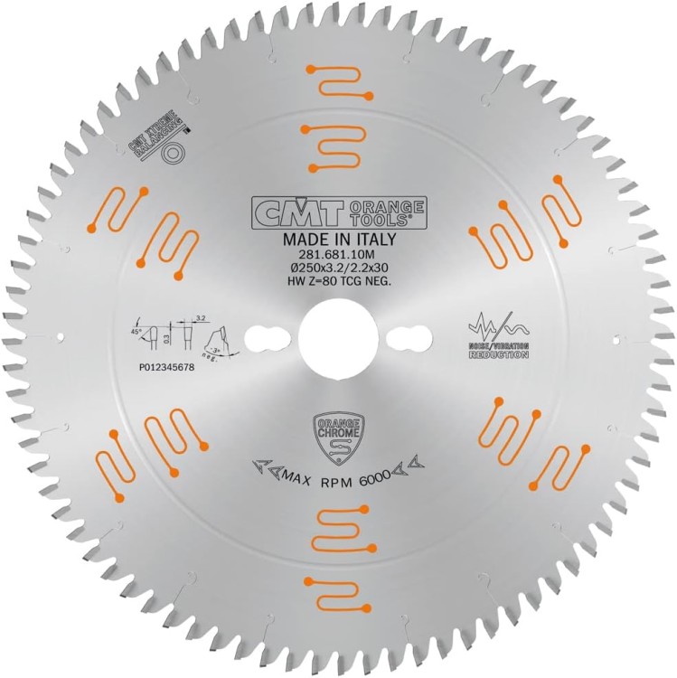 CMT Piła HM do płyty wiórowej / MDF 250x30x80Z / -3° Negatyw CHROME