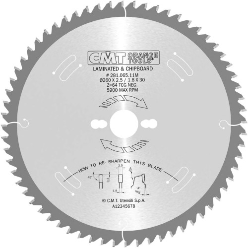 CMT Piła HM do płyty wiórowej / MDF 260x30x64Z / -3° Negatyw