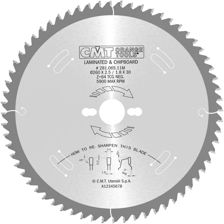 CMT Piła HM do płyty wiórowej / MDF 260x30x64Z / -3° Negatyw
