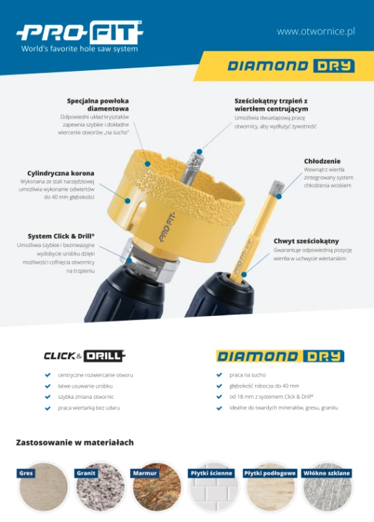 PRO-FIT Otwornica DIAMENTOWA D92 mm S10HEX  gres / marmur / granit