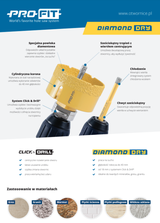 PRO-FIT Otwornica / wiertło DIAMENTOWE D12 mm S8HEX  gres / marmur / granit