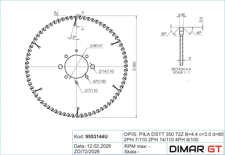 DIMAR piła tarczowa DSTT D350 B4,4 c3 d80 Z72 9553144U — widok 3