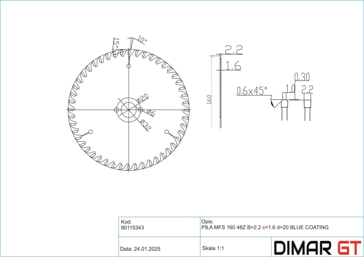 DIMAR piła tarczowa MFS Blue Coating D160 B2,2 c1,6 d20 Z48 90115343 — widok 2