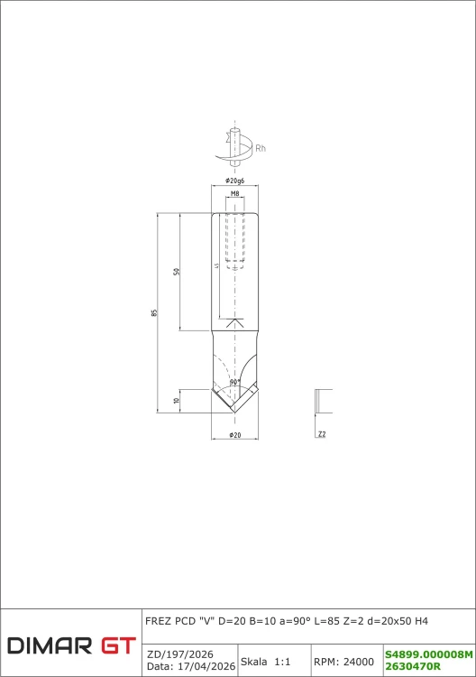 DIMAR frez diamentowy V Z2 D20 B10 L85 d20 a90° S4899.000008M — widok 3