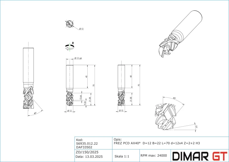 DIMAR frez diamentowy prosty Z2+2 D12 B22 L70 d12 AX40° S6935.012.22 — widok 2
