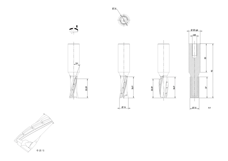 DIMAR frez diamentowy spiralny pozytywowy Z1+1 D16 B37 L95 d20 SM16006_H3.0 — widok 3