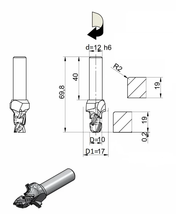 DIMAR frez diamentowy spiralny do nestingu z promieniem Z2 D10 B20 L70 d12 R2 S6838.910.22.R2 — widok 4
