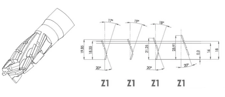 DIMAR frez diamentowy do nestingu Z3 D12 B23,9 L75 d12 4S NEG S6839.012.23_4S — widok 4