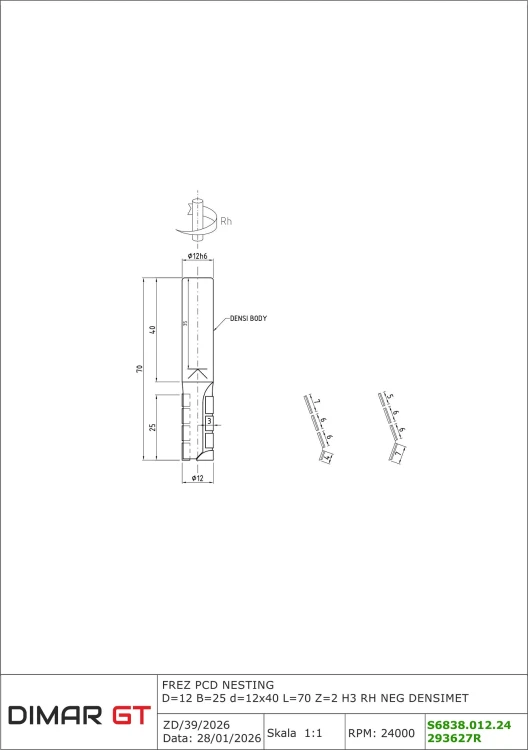 DIMAR frez diamentowy do nestingu Z2 D12 B25 L70 d12 RH NEG DENSIMET S6838.012.24 — widok 3