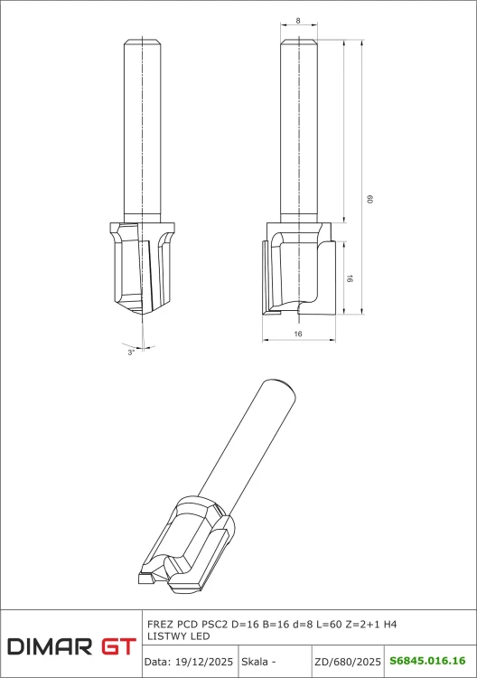 DIMAR frez diamentowy do rowków pod listwy LED Z2+1 D16 B16 L60 d8 PSC2 S6845.016.16 — widok 2