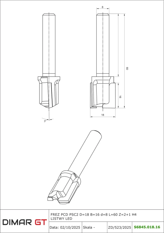 DIMAR frez diamentowy do rowków pod listwy LED Z2+1 D18 B16 L60 d8 PSC2 S6845.018.16 — widok 2