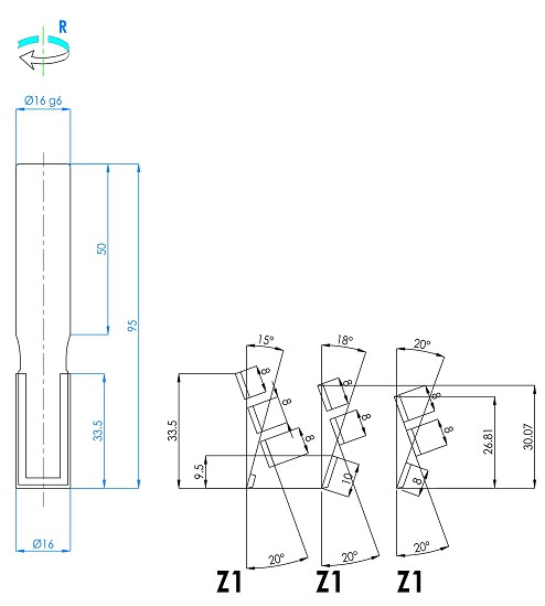 DIMAR frez diamentowy prosty Z2 D16 B33,5 L95 d16 PUG3 3S S6831.016.32 — widok 3