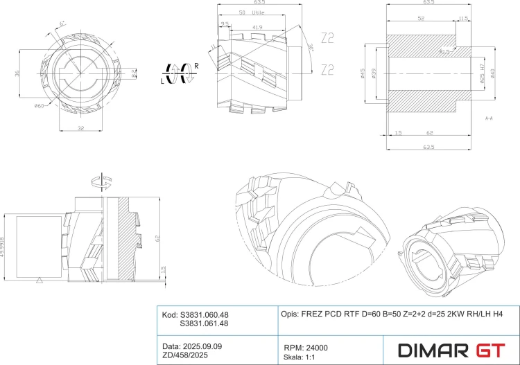 DIMAR frez nasadzany diamentowy do okleiniarki Z2+2 D60 B50 d25 RTF LH S3831.061.48 — widok 4