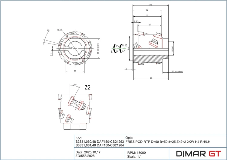 DIMAR frez nasadzany diamentowy do okleiniarki Z2+2 D60 B50 d25 RTF RH S3831.060.48 — widok 4