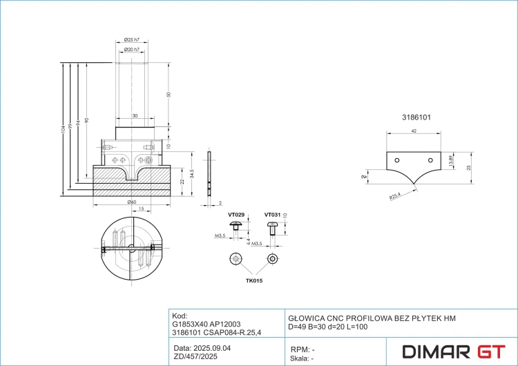 DIMAR głowica profilowa CNC bez płytek HM D49 B30 L100 d20 G1853X40 — widok 2