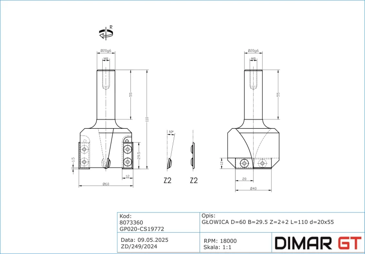 DIMAR głowica do wręgowania i planowania CNC Z2+2 D60 B29,5 L110 d20 8073360 — widok 4