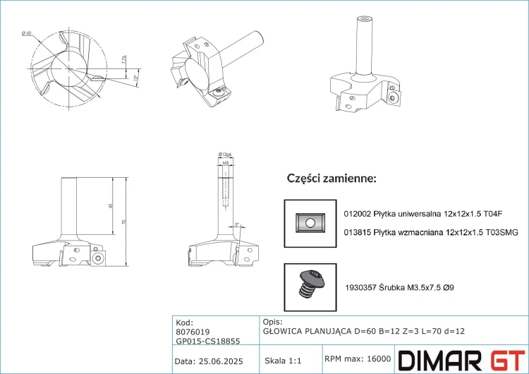 DIMAR głowica do planowania i wręgowania Z3 D60 B12 L70 d12 8076019 — widok 4