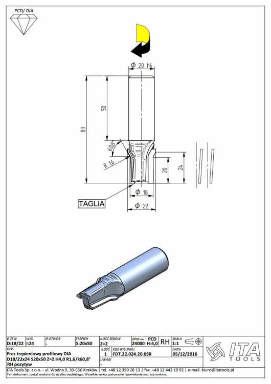 ITA TOOLS frez diamentowy PCD fazujący R1,6 A60,8° Z2 D18 I24 S20 wykańczający