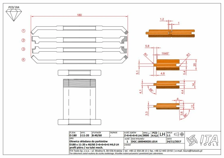 ITA TOOLS głowica nasadzana do parkietów D180 I11-20 F40 LH