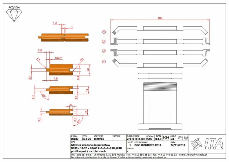 ITA TOOLS głowica nasadzana do parkietów D180 I11-20 F40 RH