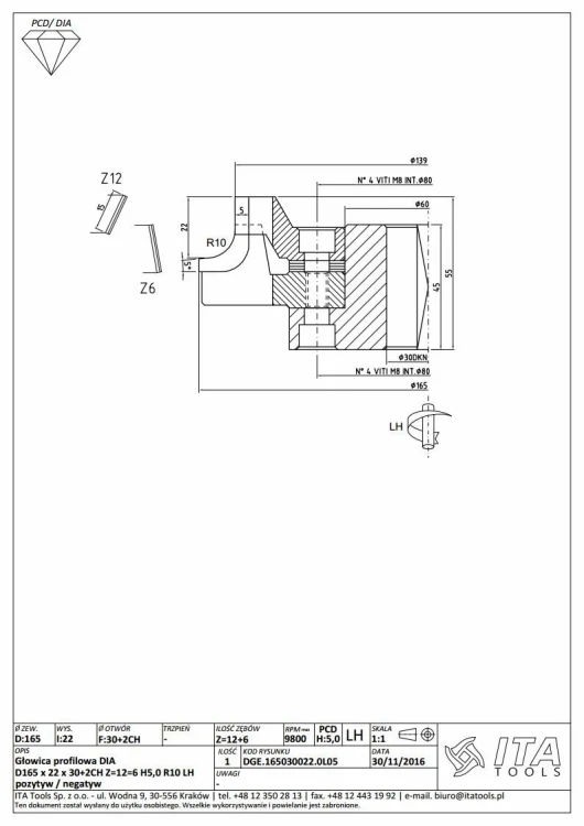 ITA TOOLS głowica nasadzana do okleiniarek R10 D165 I22 F30 LH