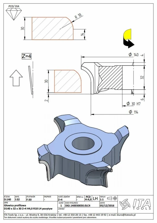 ITA TOOLS głowica nasadzana do okleiniarek R18 Z4 D140 I32 F30 LH