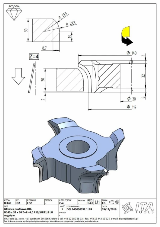 ITA TOOLS głowica nasadzana do okleiniarek R21,8 Z4 D140 I32 F30 LH