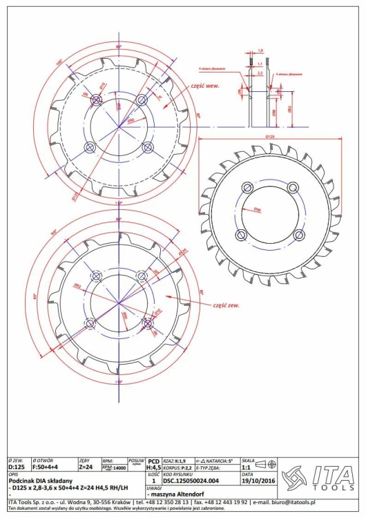 ITA TOOLS podcinak diamentowy składany do pilarek formatowych D125 F50 K2,8-3,6 P2,2 PR (FTG) Z12+12