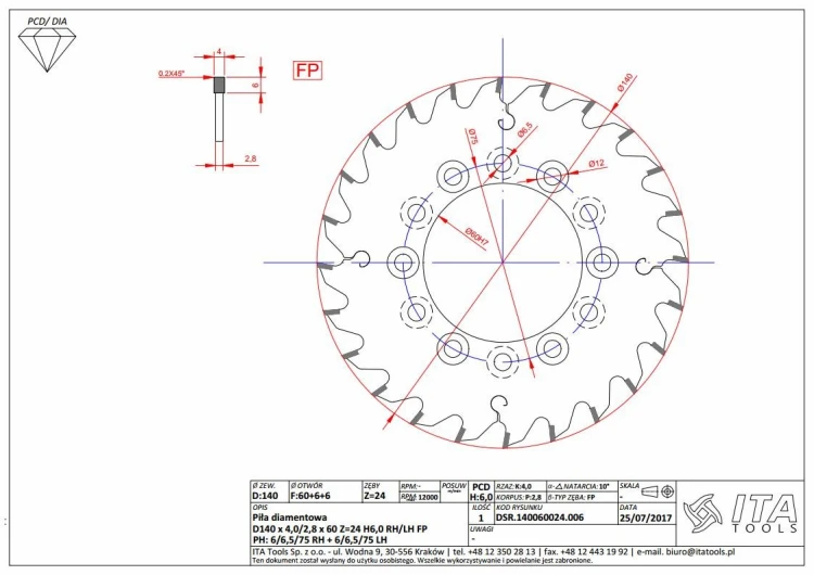 ITA TOOLS piła diamentowa PCD do rowkowania D140 F60 K4 P2,8 PF (MFTG) Z24
