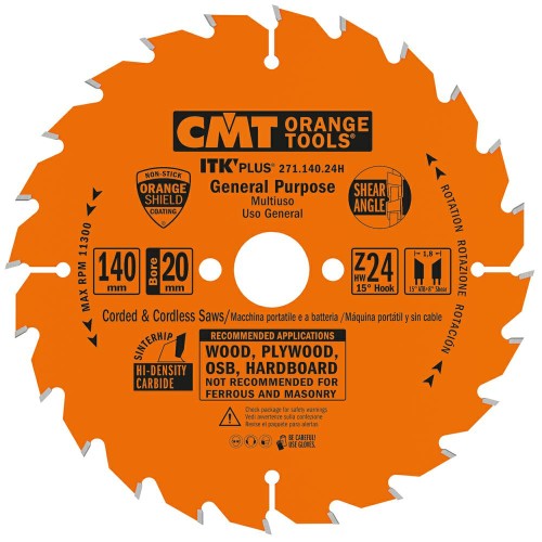 CMT Ultracienka piła ITK Plus do uniwersalnego cięcia drewna D140 d20 K1,8 c1,2 Z24 271.140.24H