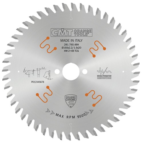 CMT Piła z powłoką chromową do cięcia HPL D160 d20 K2,2 c1,6 Z48 281.760.48H