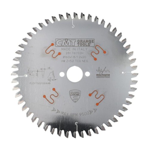 CMT Piła z powłoką chromową do cięcia HPL D160 d20 K1,8 c1,2 Z52 281.761.52H