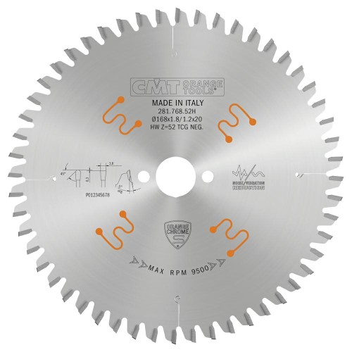 CMT Piła z powłoką chromową do cięcia HPL D168 d20 K1,8 c1,2 Z52 281.768.52H