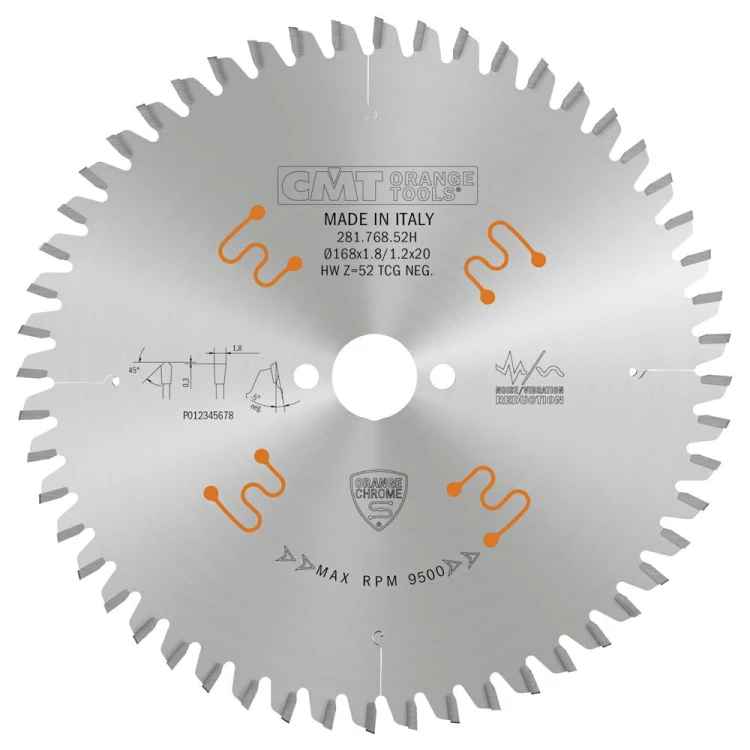 CMT Piła z powłoką chromową do cięcia HPL D168 d20 K1,8 c1,2 Z52 281.768.52H