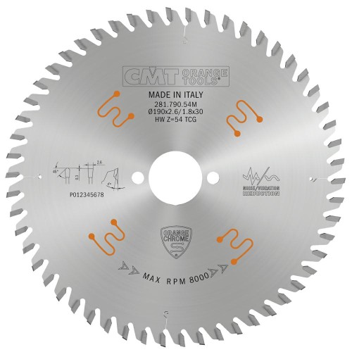 CMT Piła z powłoką chromową do cięcia HPL D190 d30 K2,6 c1,8 Z54 281.790.54M