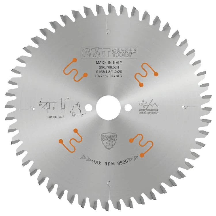 CMT Piła chromowana do cięcia aluminium i materiałów nieżelaznych D168 d20 K1,8 c1,2 Z52 296.768.52H