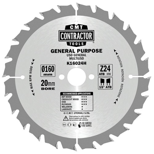 CMT Piła do uniwersalnego cięcia drewna K CONTRACTOR® D160 d20 K2,2 c1,4 Z24 K16024H