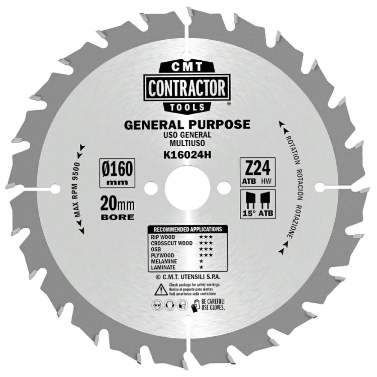 CMT Piła do uniwersalnego cięcia drewna K CONTRACTOR® D160 d20 K2,2 c1,4 Z24 K16024H