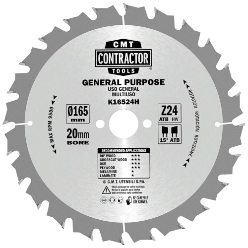 CMT Piła do uniwersalnego cięcia drewna K CONTRACTOR® D165 d20 K1,7 c1,1 Z24 K16524H