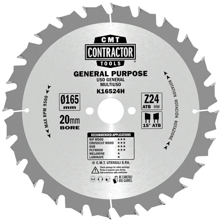 CMT Piła do uniwersalnego cięcia drewna K CONTRACTOR® D165 d20 K1,7 c1,1 Z24 K16524H
