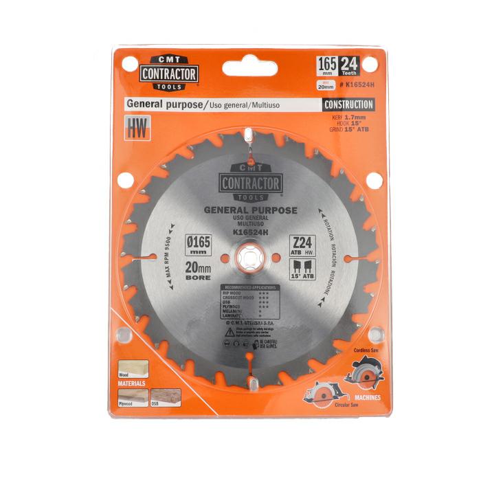 CMT Piła do uniwersalnego cięcia drewna K CONTRACTOR® D165 d20 K1,7 c1,1 Z24 K16524H