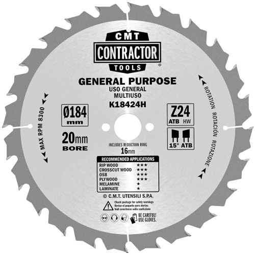 CMT Piła do uniwersalnego cięcia drewna K CONTRACTOR® D184 d20 K1,7 c1,1 Z24 K18424H-X10