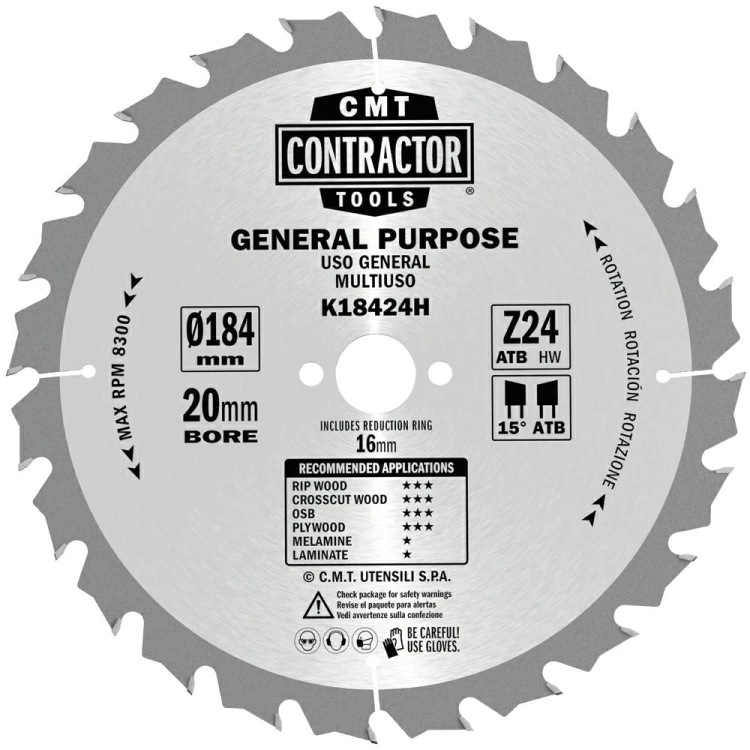 CMT Piła do uniwersalnego cięcia drewna K CONTRACTOR® D184 d20 K1,7 c1,1 Z24 K18424H-X10