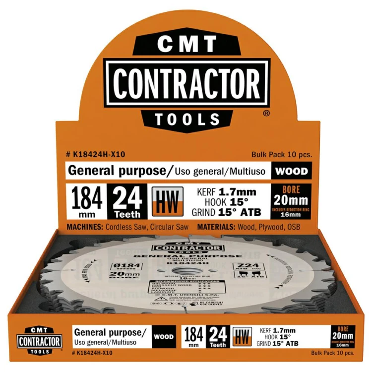 CMT Piła do uniwersalnego cięcia drewna K CONTRACTOR® D184 d20 K1,7 c1,1 Z24 K18424H-X10