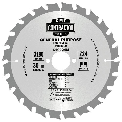CMT Piła do uniwersalnego cięcia drewna K CONTRACTOR® D190 d30 K2,2 c1,4 Z24 K19024M