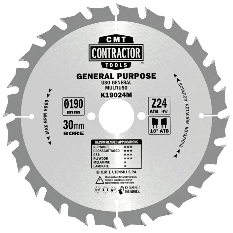 CMT Piła do uniwersalnego cięcia drewna K CONTRACTOR® D190 d30 K2,2 c1,4 Z24 K19024M