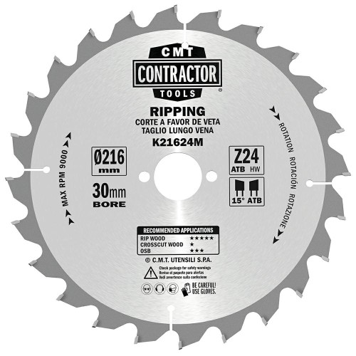 CMT Piła do uniwersalnego cięcia drewna K CONTRACTOR® D216 d30 K2,4 c1,6 Z24 K21624M