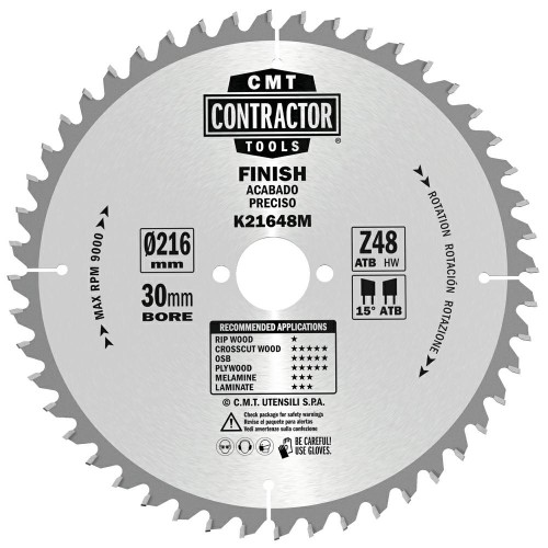 CMT Piła do uniwersalnego cięcia drewna K CONTRACTOR® D216 d30 K2,4 c1,6 Z48 K21648M